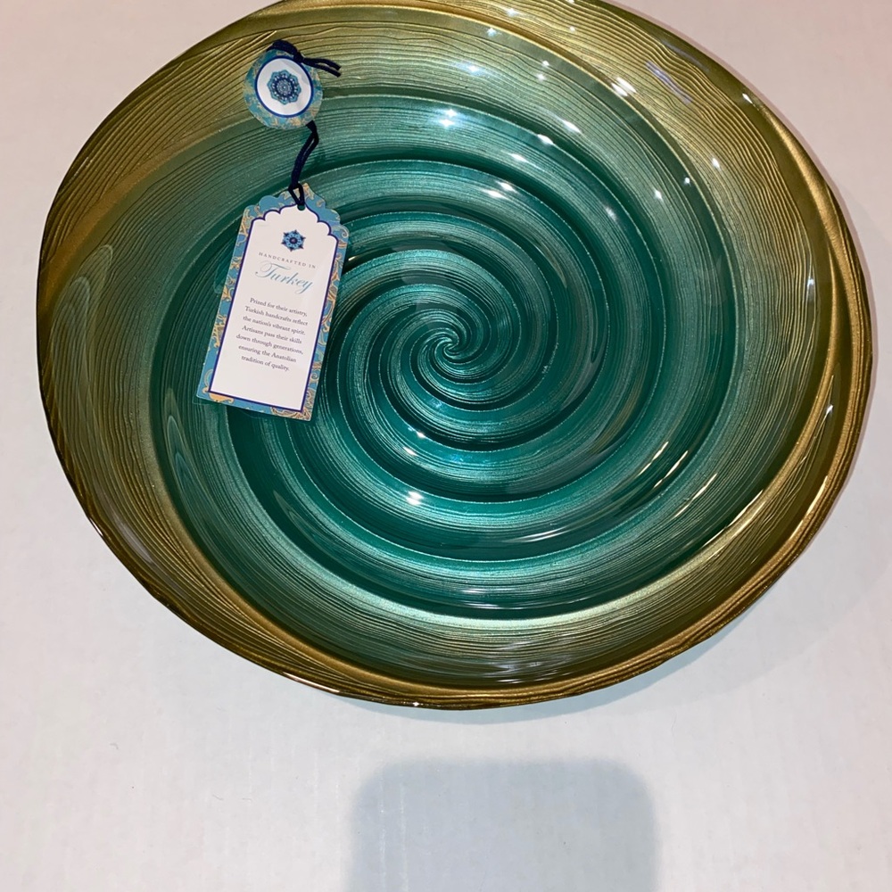 Teal/Gold Turkish Vintage Anya Perla Teal/Gold Bowl, Swirl In Glass 10.5" inches